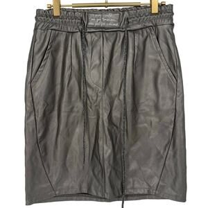 Euro Metallic Silver Faux-Leather Mini Skirt Drawstring Waist Italian Y2K VTG